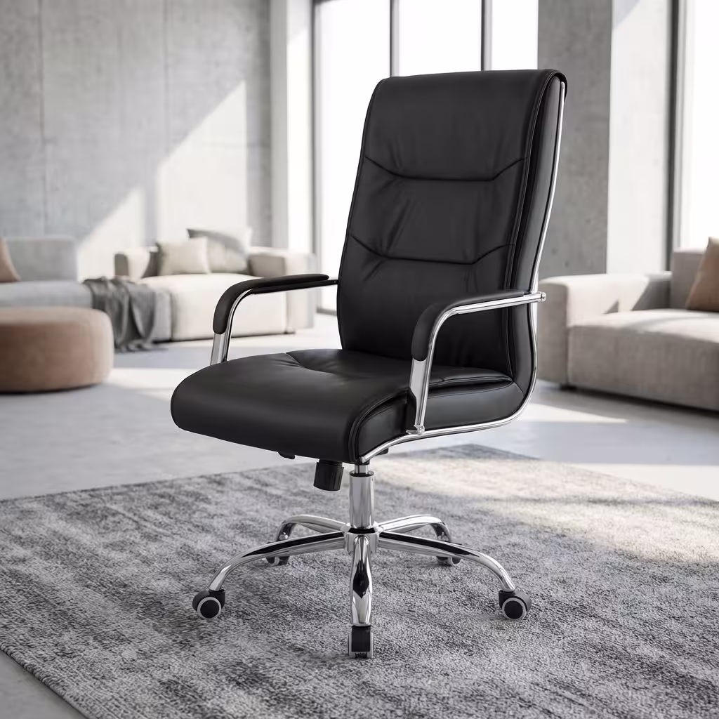 High-back Black Leather Executive Office Seat featuring an ergonomic tufted design, sleek polished chrome armrests, and a 5-star rolling caster base on a textured grey rug.
