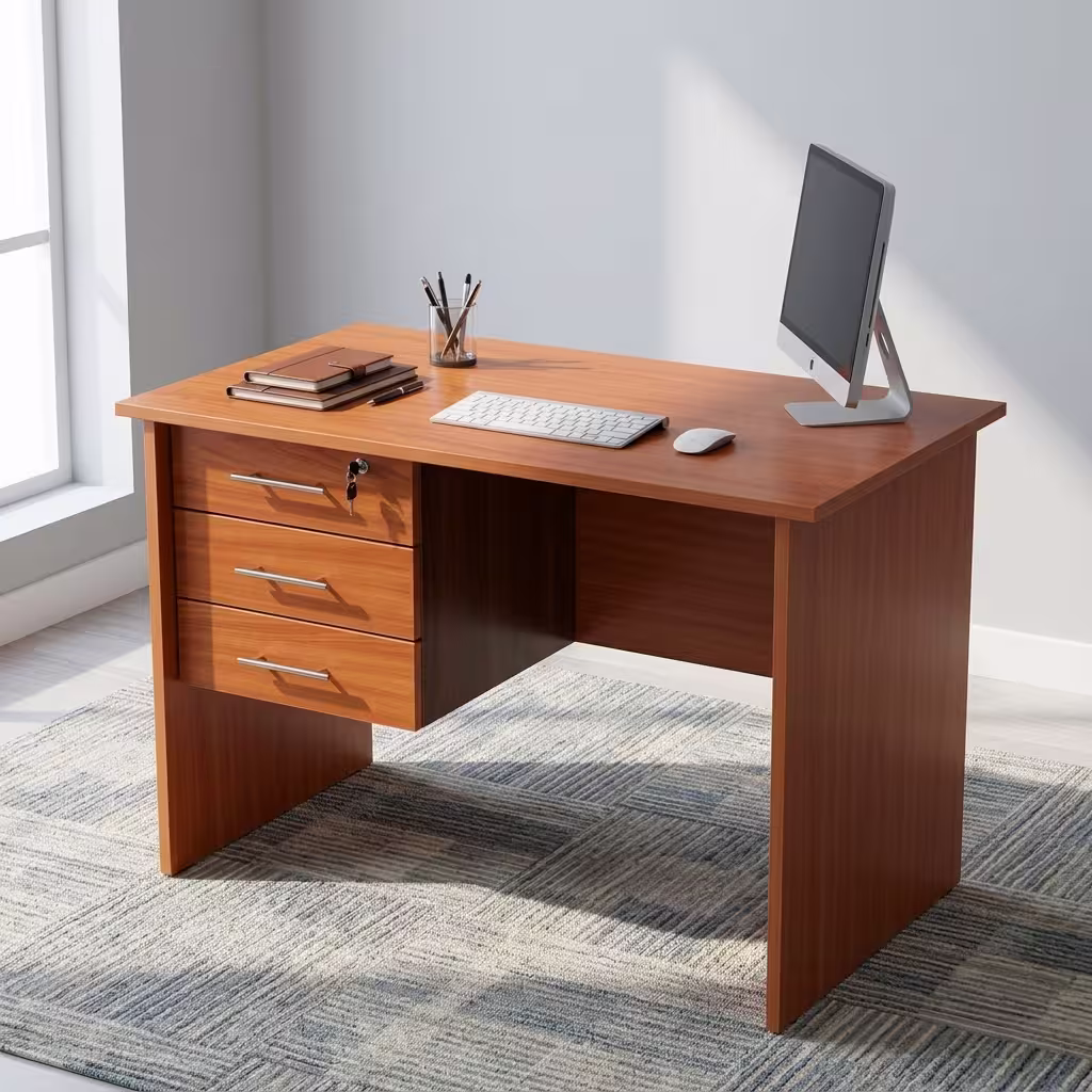 1M 3-Drawer Home/Office Study Desk in a warm oak wood grain finish featuring a lockable top drawer, sleek metallic handles, and an open knee space on a patterned rug.