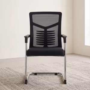 Medium Back Office Visitor Chair featuring a black breathable mesh backrest, contoured spinal support, and a polished chrome cantilever sled base on a textured cream rug.