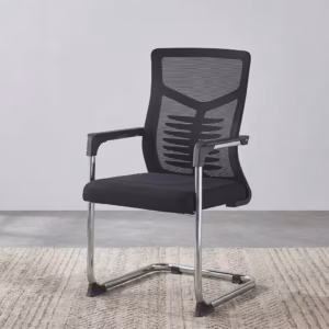 Medium Back Office Visitor Chair featuring a black breathable mesh backrest, contoured spinal support, and a polished chrome cantilever sled base on a textured cream rug.