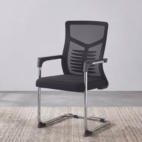 Medium Back Office Visitor Chair featuring a black breathable mesh backrest, contoured spinal support, and a polished chrome cantilever sled base on a textured cream rug.
