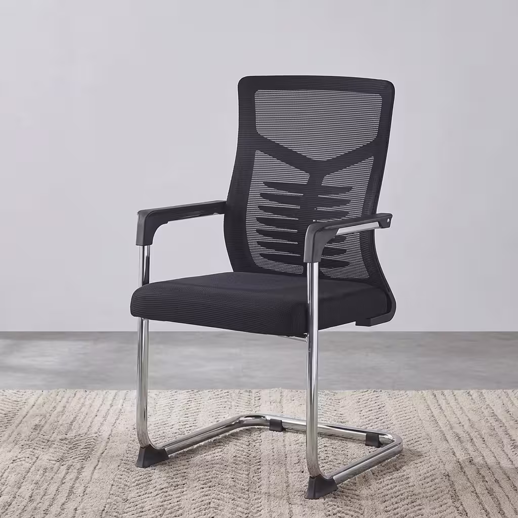Medium Back Office Visitor Chair featuring a black breathable mesh backrest, contoured spinal support, and a polished chrome cantilever sled base on a textured cream rug.