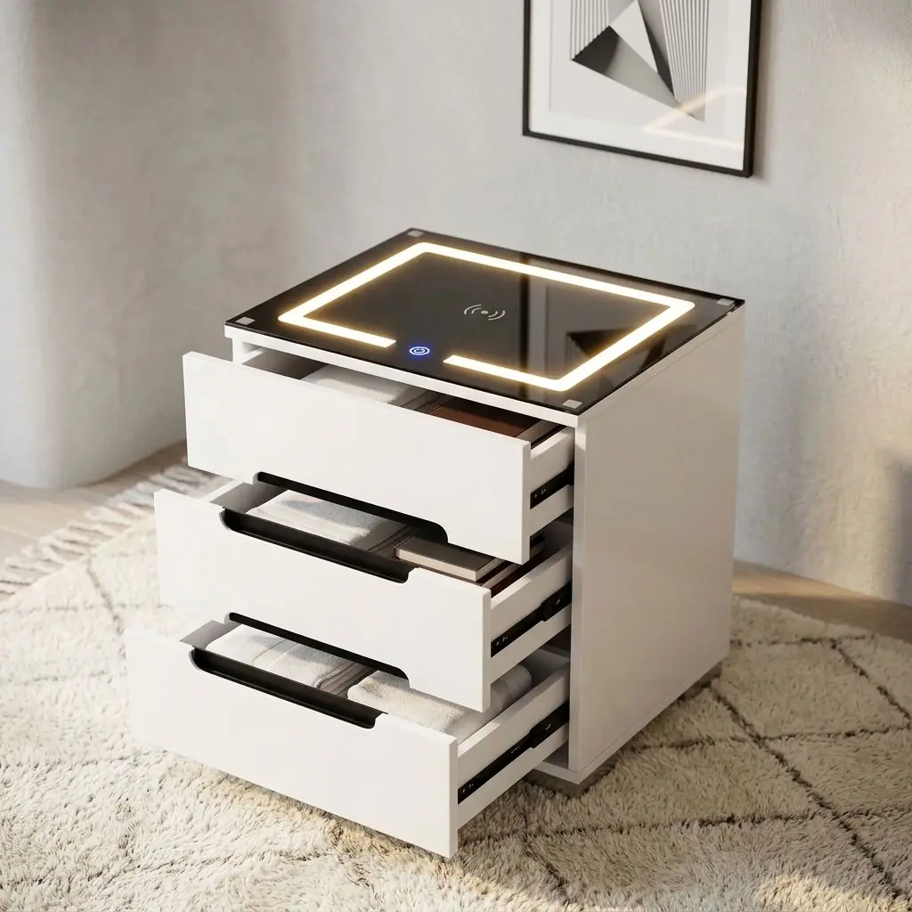 A modern smart bedside table featuring a matte white rectangular wooden body with two pull-out drawers. The top is made of glossy black tempered glass with an integrated rectangular LED lighting border glowing from within the surface, displaying a white digital touch icon and a wireless charging symbol.