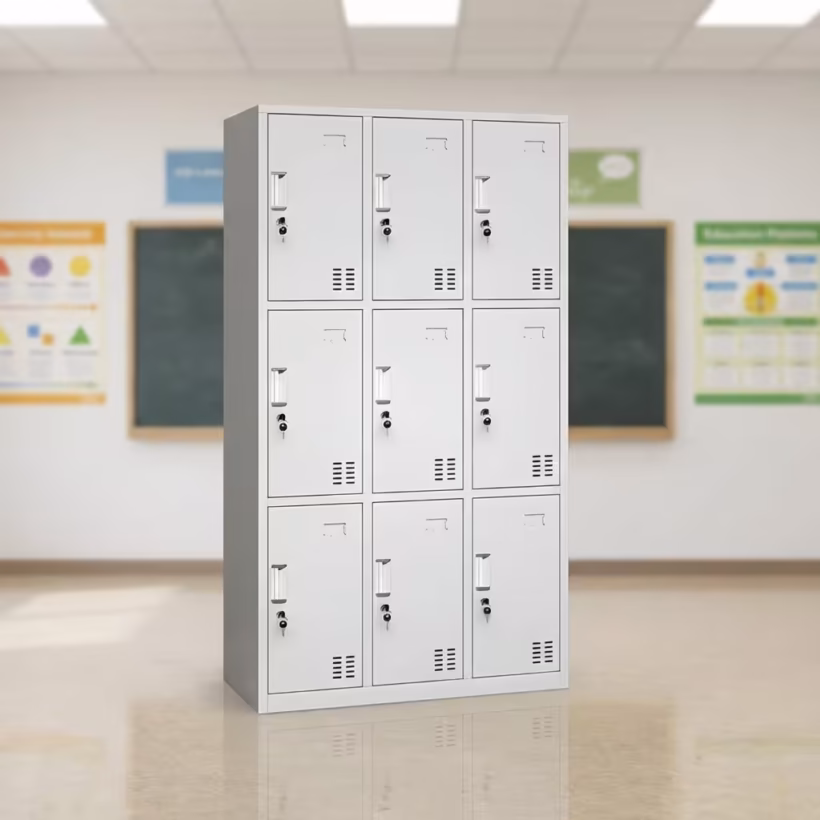 A light gray metal 9-Locker Office Filing Cabinet arranged in a 3x3 grid, with each secure compartment featuring an individual key lock, a built-in name card holder, and louvered ventilation slots, set against a blurred classroom background.