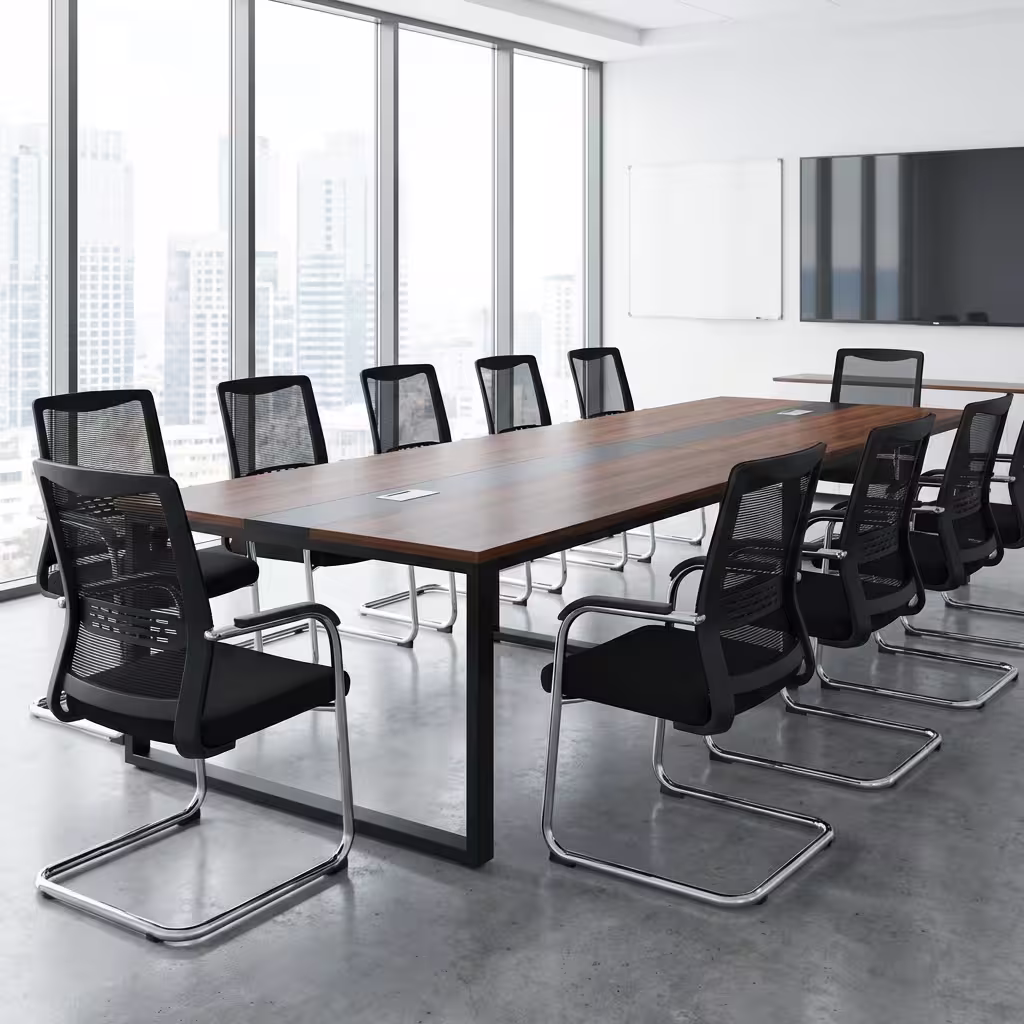 Premium 3.0M Executive Boardroom Office Desk featuring an expansive 3-meter rectangular top panel with a rich walnut woodgrain finish, detailed with a center-running matte gray accent band and two flip-top power wire grommets, anchored by heavy-duty black metal rectangular loop leg frames, surrounded by ergonomic black mesh cantilever visitor chairs on white marble flooring inside a luxury sunlit corporate boardroom.