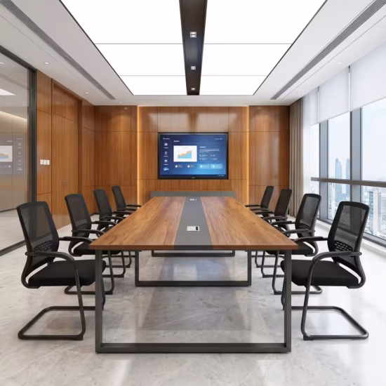 Premium 3.0M Executive Boardroom Office Desk featuring an expansive 3-meter rectangular top panel with a rich walnut woodgrain finish, detailed with a center-running matte gray accent band and two flip-top power wire grommets, anchored by heavy-duty black metal rectangular loop leg frames, surrounded by ergonomic black mesh cantilever visitor chairs on white marble flooring inside a luxury sunlit corporate boardroom.