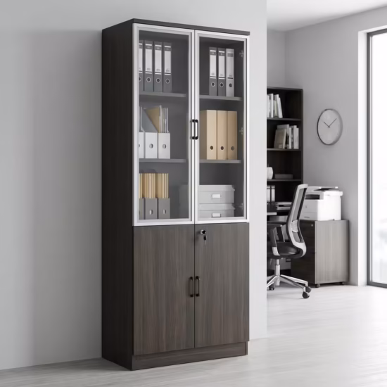 A tall, vertical 2-Door Half-Glass Wooden Cabinet in a dark brown wood-grain finish featuring aluminum-framed glass upper doors filled with binders and a lockable solid wood lower cabinet in a modern office.