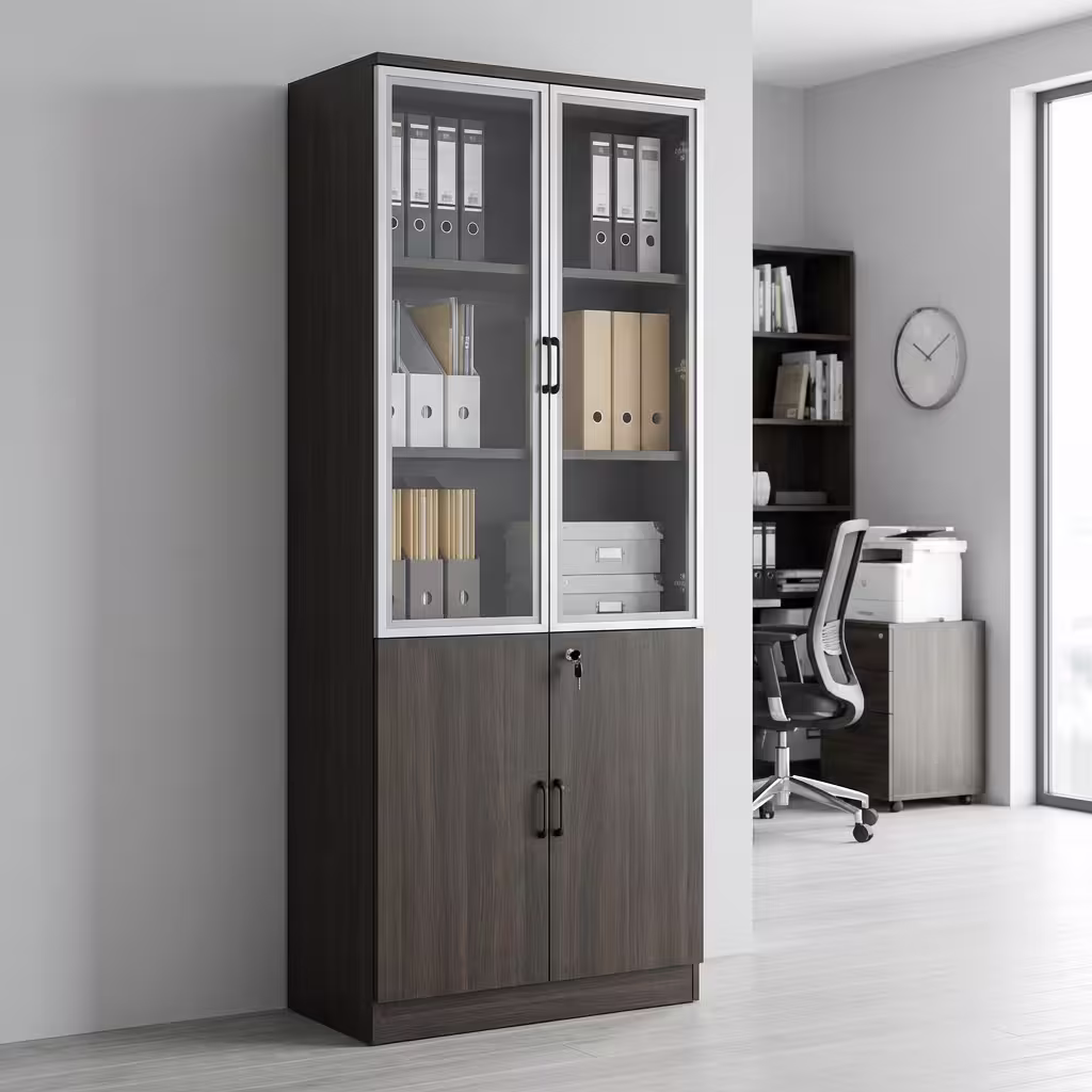 A tall, vertical 2-Door Half-Glass Wooden Cabinet in a dark brown wood-grain finish featuring aluminum-framed glass upper doors filled with binders and a lockable solid wood lower cabinet in a modern office.