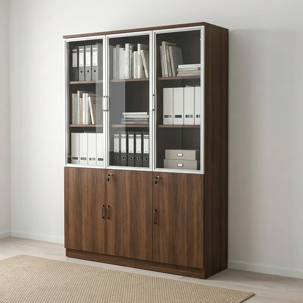 3-Door Wooden Office Cabinet featuring a wood-grain finish, three upper framed glass doors with vertical handles, three solid lower wooden doors with key locks, and a solid base plinth.
