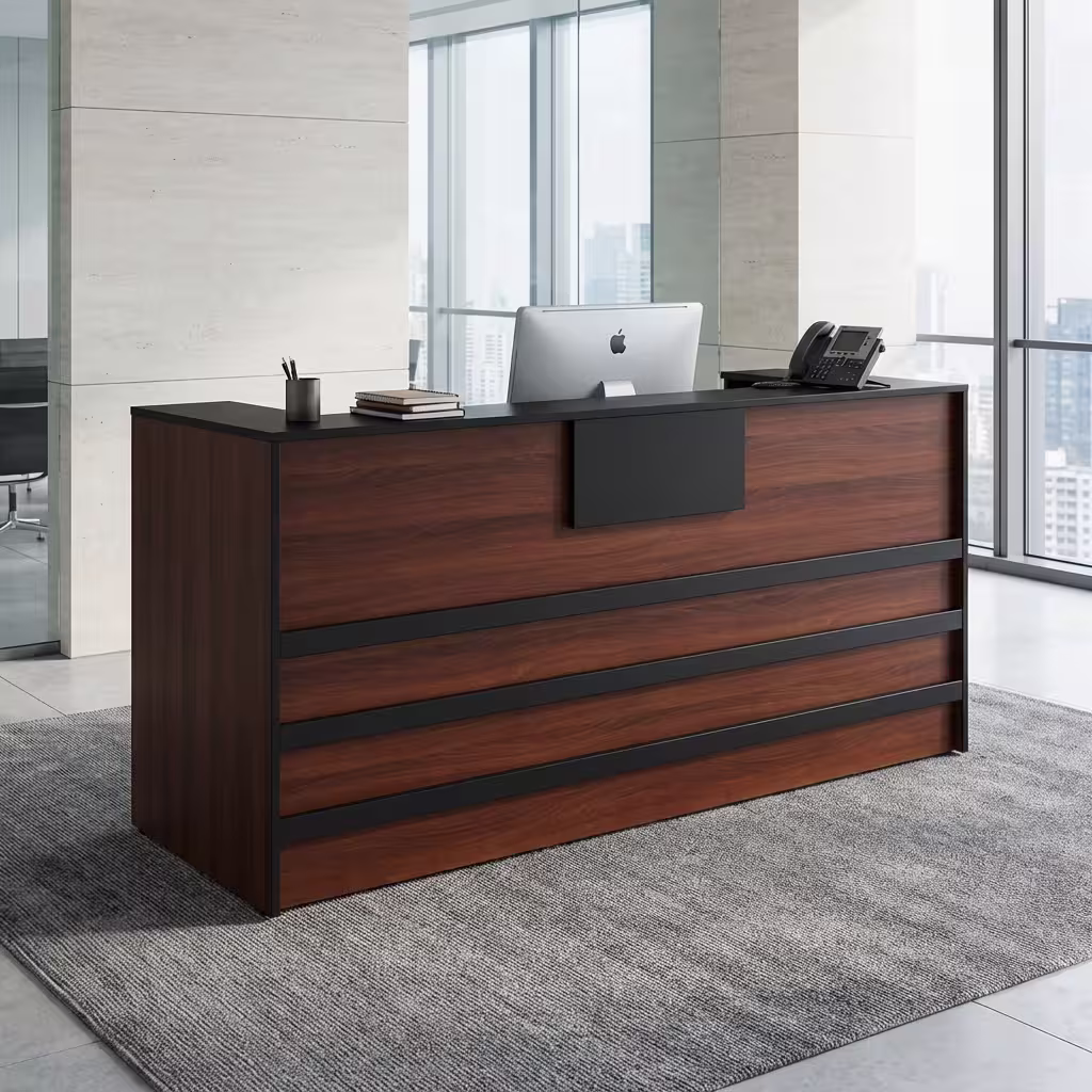 Premium 1.8M Custom Office Reception Desk With Storage in a rich walnut woodgrain and matte black finish, showing an integrated upper privacy counter holding a computer monitor, a desk telephone, and pen organizers, detailed with three horizontal black front accent bands and a central black logo mount board, paired with two black mesh office chairs on a textured beige area rug.
