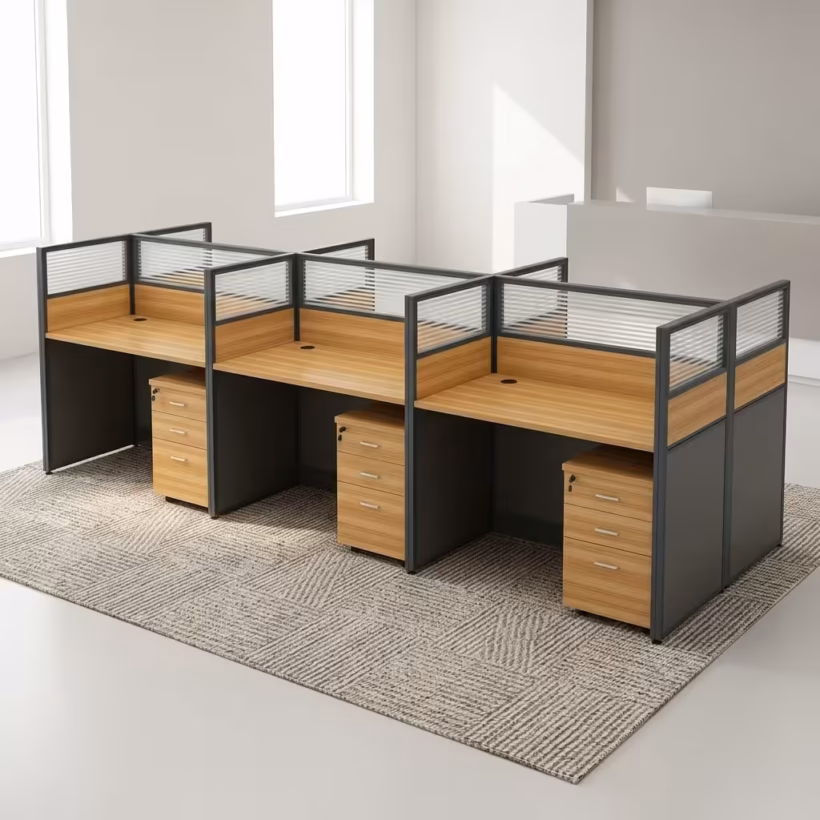 A premium 6-Seater Modular Office Workstation configured in a dual-sided arrangement, featuring light oak wooden desktops, charcoal steel legs, frosted fluted glass privacy dividers, and matching lockable under-desk 3-drawer pedestals.