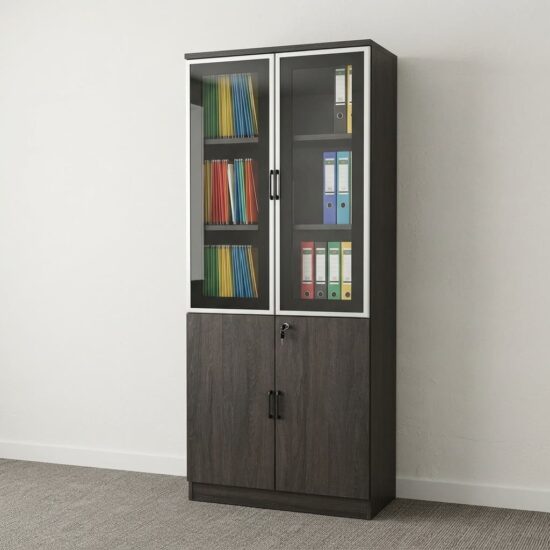 A tall, vertical 2-Door Half-Glass Wooden Cabinet in a dark brown wood-grain finish featuring aluminum-framed glass upper doors filled with binders and a lockable solid wood lower cabinet in a modern office.