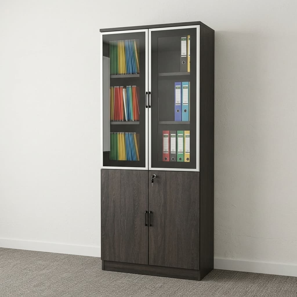 A tall, vertical 2-Door Half-Glass Wooden Cabinet in a dark brown wood-grain finish featuring aluminum-framed glass upper doors filled with binders and a lockable solid wood lower cabinet in a modern office.