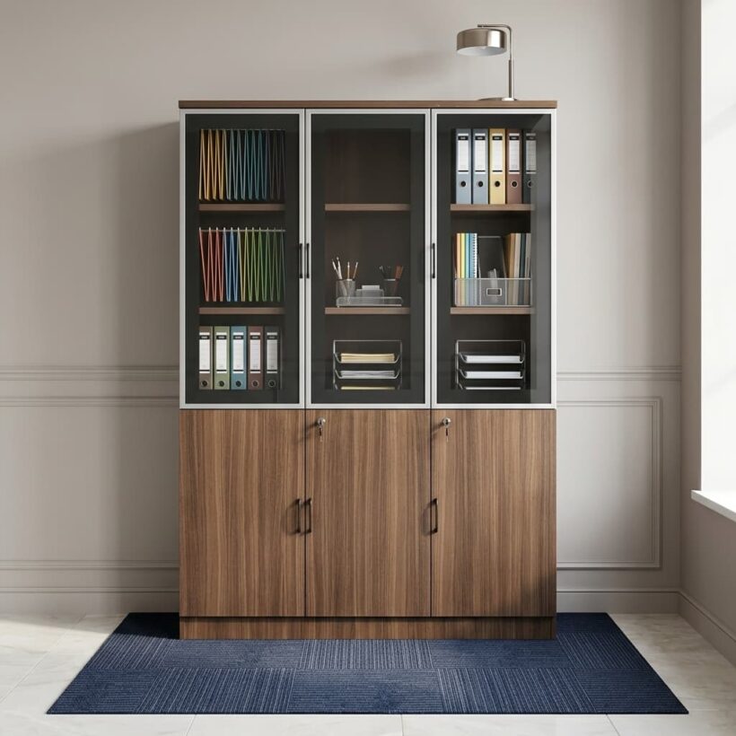 3-Door Wooden Office Cabinet featuring a wood-grain finish, three upper framed glass doors with vertical handles, three solid lower wooden doors with key locks, and a solid base plinth.