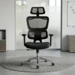 an ergonomic Orthopedic Mesh Office Chair in black, featuring an adjustable headrest, split lumbar support, and a polished chrome wheeled base in a modern office setting.