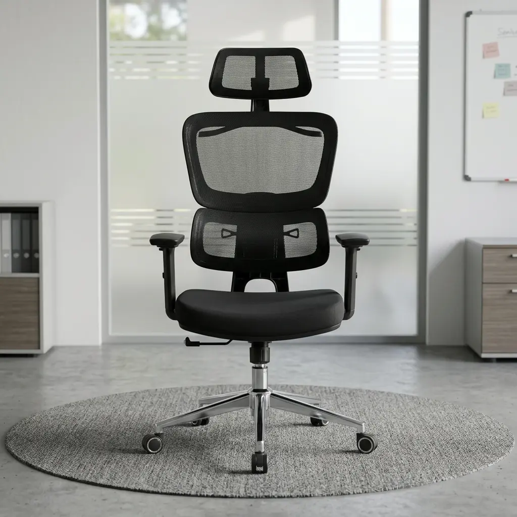 an ergonomic Orthopedic Mesh Office Chair in black, featuring an adjustable headrest, split lumbar support, and a polished chrome wheeled base in a modern office setting.