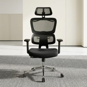 an ergonomic Orthopedic Mesh Office Chair in black, featuring an adjustable headrest, split lumbar support, and a polished chrome wheeled base in a modern office setting.