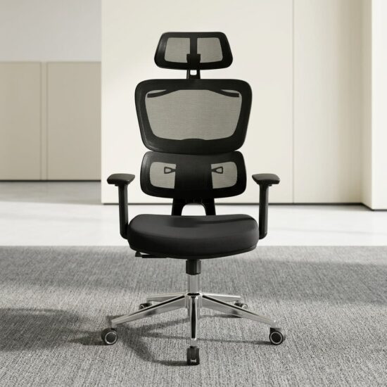 an ergonomic Orthopedic Mesh Office Chair in black, featuring an adjustable headrest, split lumbar support, and a polished chrome wheeled base in a modern office setting.