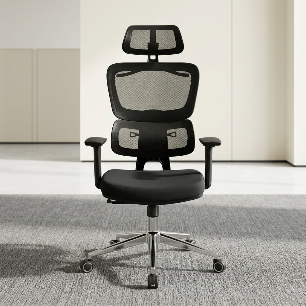 an ergonomic Orthopedic Mesh Office Chair in black, featuring an adjustable headrest, split lumbar support, and a polished chrome wheeled base in a modern office setting.