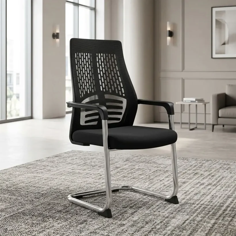 An Ergonomic Mesh Chair featuring a transparent black mesh backrest with a prominent horizontal ribbed lumbar support pattern. The chair has a fixed rectangular black fabric seat cushion, black plastic armrests, and is supported by a curved, polished silver chrome cantilever sled base equipped with black anti-slip floor glides.