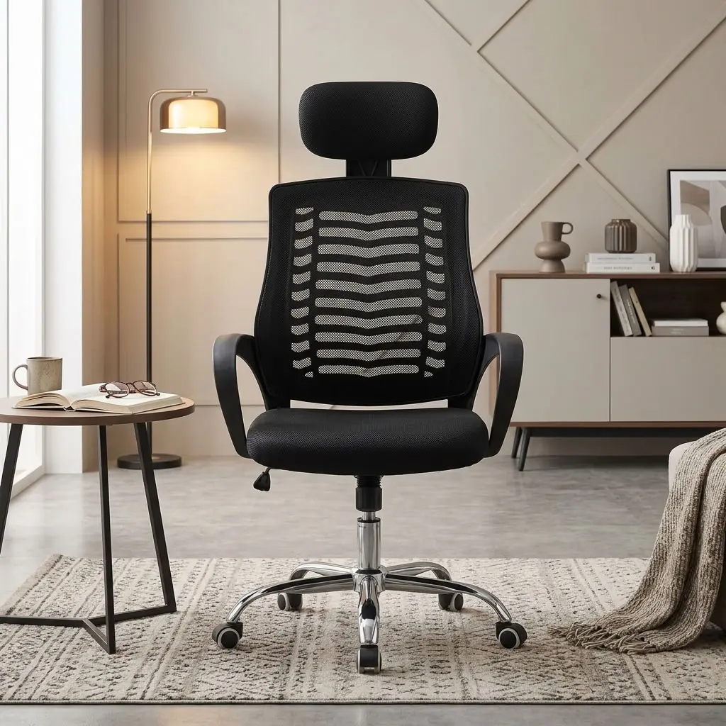 An Ergonomic Headrest Mesh Chair featuring a breathable black mesh backrest with a distinctive series of horizontal supportive back ribs. The chair includes an adjustable wide black mesh headrest, curved black plastic armrests, and a thick, contoured black fabric padded seat cushion. It is mounted on a shiny, five-star polished chrome metal swivel base with black dual-wheel rolling casters.