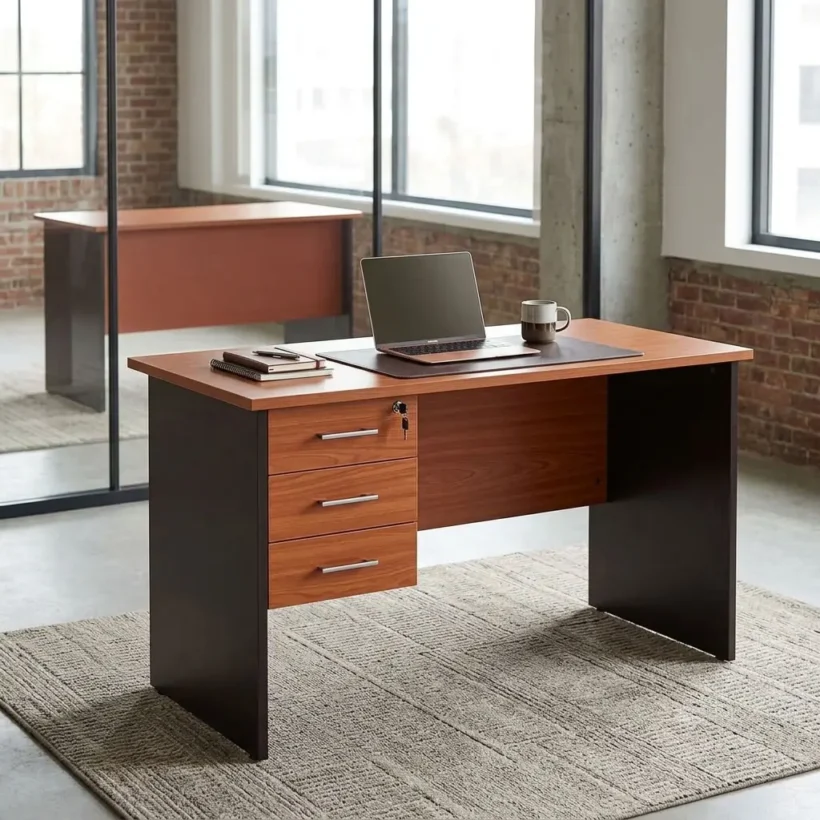 A compact 1M Management Desk featuring a warm cherry wood grain laminate desktop and front modesty panel. The desk structure is supported by dark charcoal side panels. On the left side, it features an integrated pedestal storage column with three stacked drawers in a matching cherry finish, each fitted with a horizontal silver metallic pull handle and a central lock with a key inserted in the top drawer.