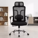 Premium High-Back Executive Mesh Office Chair featuring a black mesh backrest with a prominent curved spine frame, an adjustable wide rectangular headrest, flat horizontal T-shaped armrests, a plush black seat cushion, and a highly reflective polished aluminum five-star star base with rolling wheels, standing on grey textured office carpet tiles.