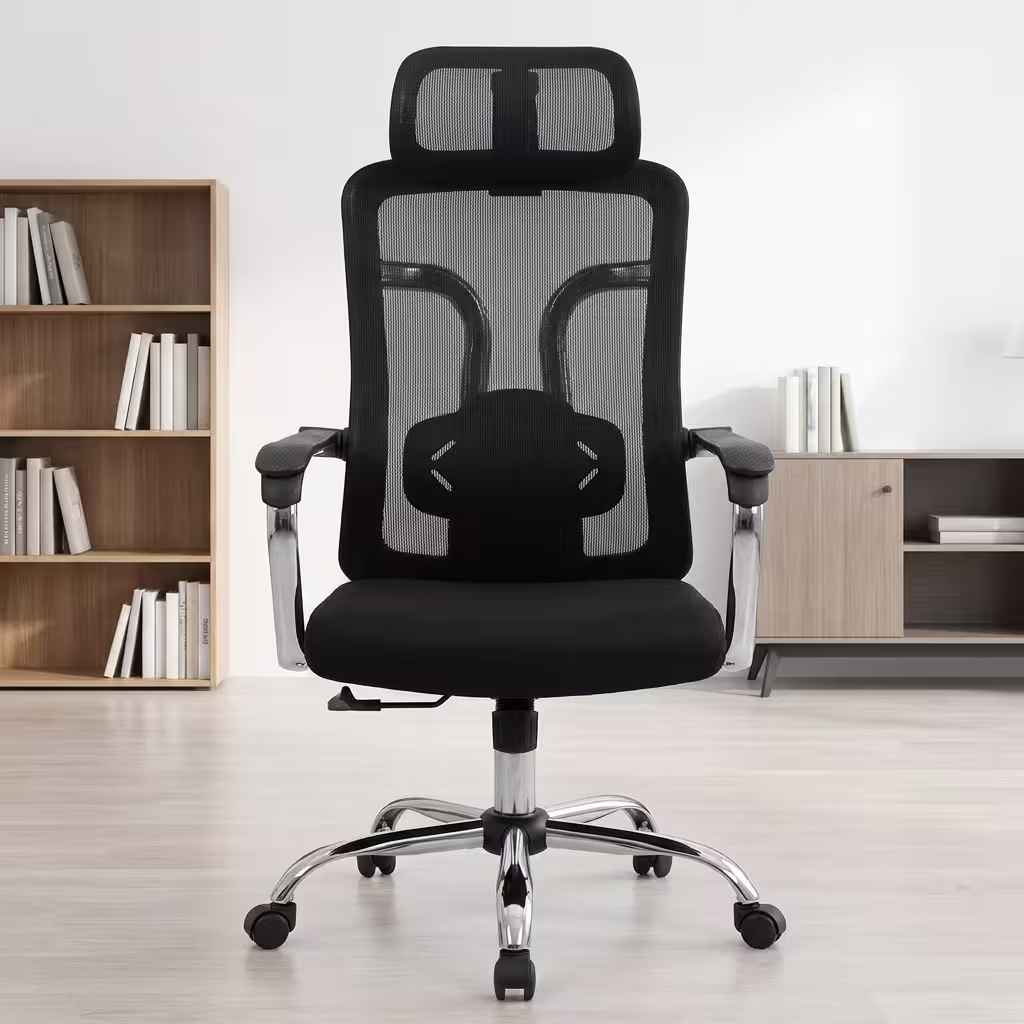 Premium High-Back Executive Mesh Office Chair featuring a black mesh backrest with a prominent curved spine frame, an adjustable wide rectangular headrest, flat horizontal T-shaped armrests, a plush black seat cushion, and a highly reflective polished aluminum five-star star base with rolling wheels, standing on grey textured office carpet tiles.