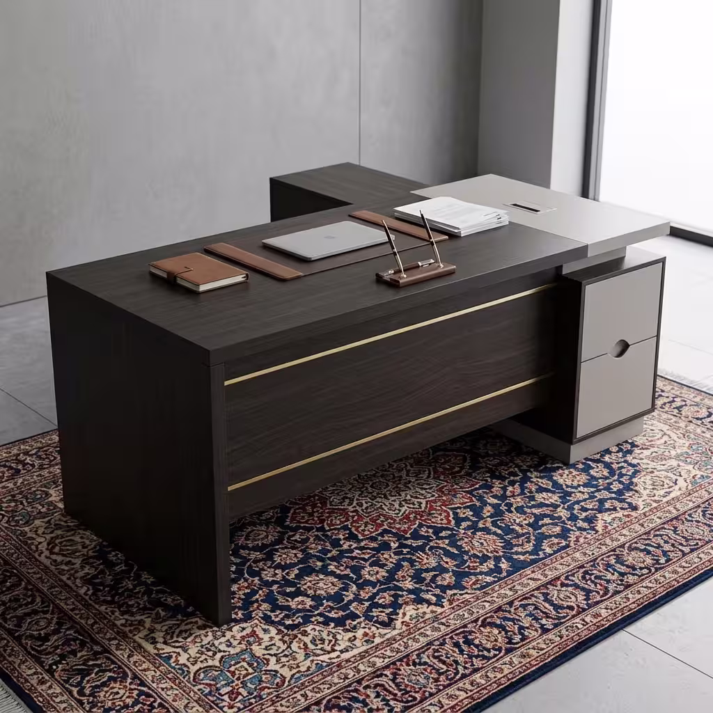 Premium 1.6M L-Shaped Executive Office Desk in a deep charcoal-brown woodgrain finish, featuring a front modesty panel with two horizontal gold accent lines, an integrated stone-grey side return shelf console with an adjustable desk lamp, a flush charcoal leather desk blotter supporting a closed journal and a wireless mouse, and an under-desk storage drawer cabinet, resting on a textured geometric blue-and-grey pattern area rug.