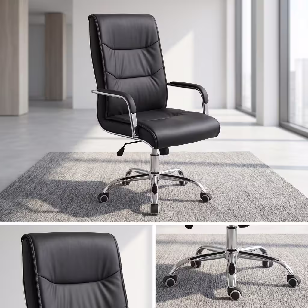 High-back Black Leather Executive Office Seat featuring an ergonomic tufted design, sleek polished chrome armrests, and a 5-star rolling caster base on a textured grey rug.