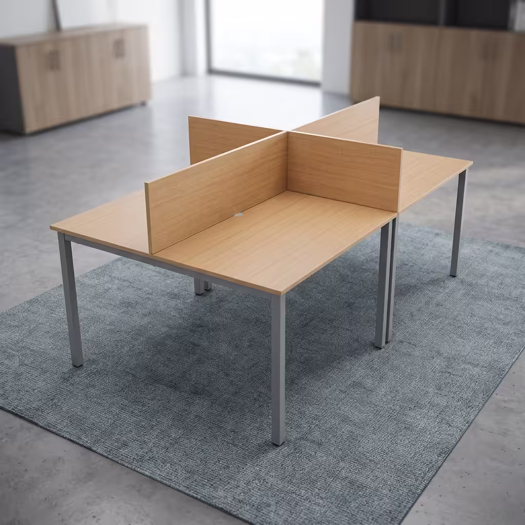 4-Way Metal Frame Office Workstation featuring a light oak wood desktop, cross-shaped privacy dividers, and sleek silver metal legs on a grey textured area rug.