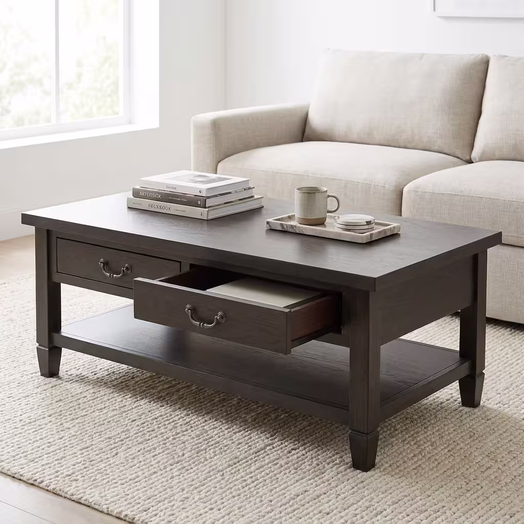 Premium Retro Wooden Coffee Table With Storage in a deep charcoal-brown woodgrain finish, showcasing a rectangular top panel holding stacked books and a ceramic mug on a marble tray, a front section with one closed drawer and one partially open drawer displaying dark metal antique handles, an open lower storage shelf, resting on a thick textured cream area rug in front of a beige fabric sofa.