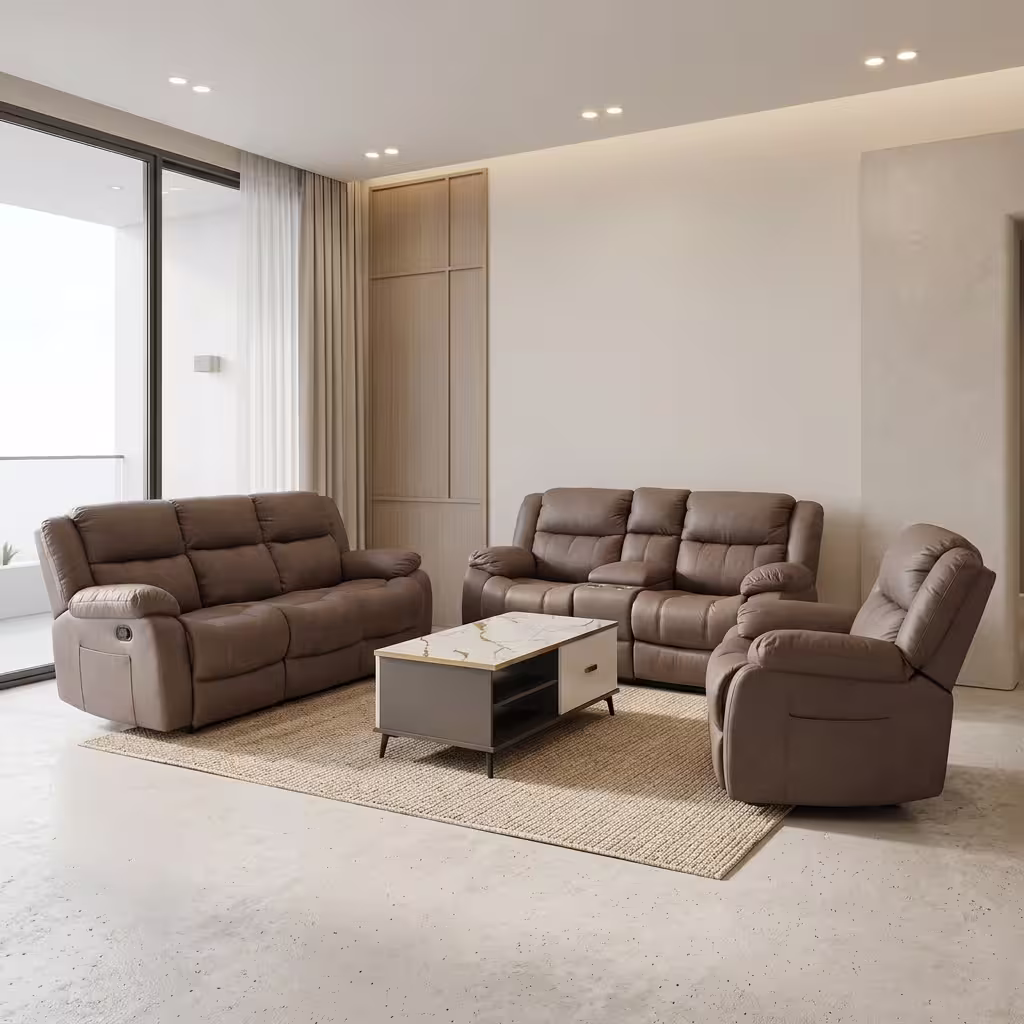 6-Seater Fabric Recliner Sofa Set in taupe microfiber featuring a 3-seater sofa, a 2-seater loveseat, and an armchair styled around a marble-top coffee table.