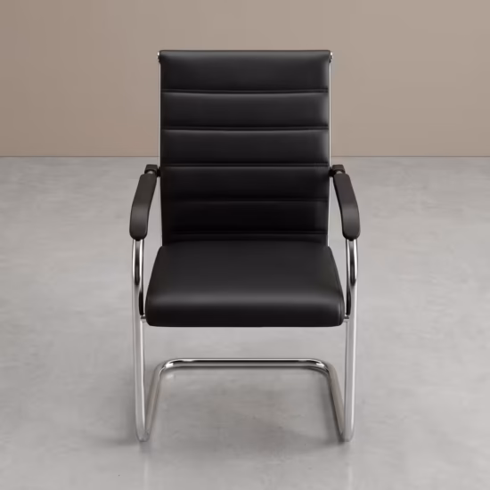 Premium Cantilever Executive Office Visitor Chair featuring a black leatherette backrest with distinct horizontal ribbed cushion panels, integrated polished chrome armrests with black top pads, and a highly reflective continuous chrome steel cantilever sled base frame, standing on a smooth polished light grey concrete studio floor against a textured light grey accent wall.