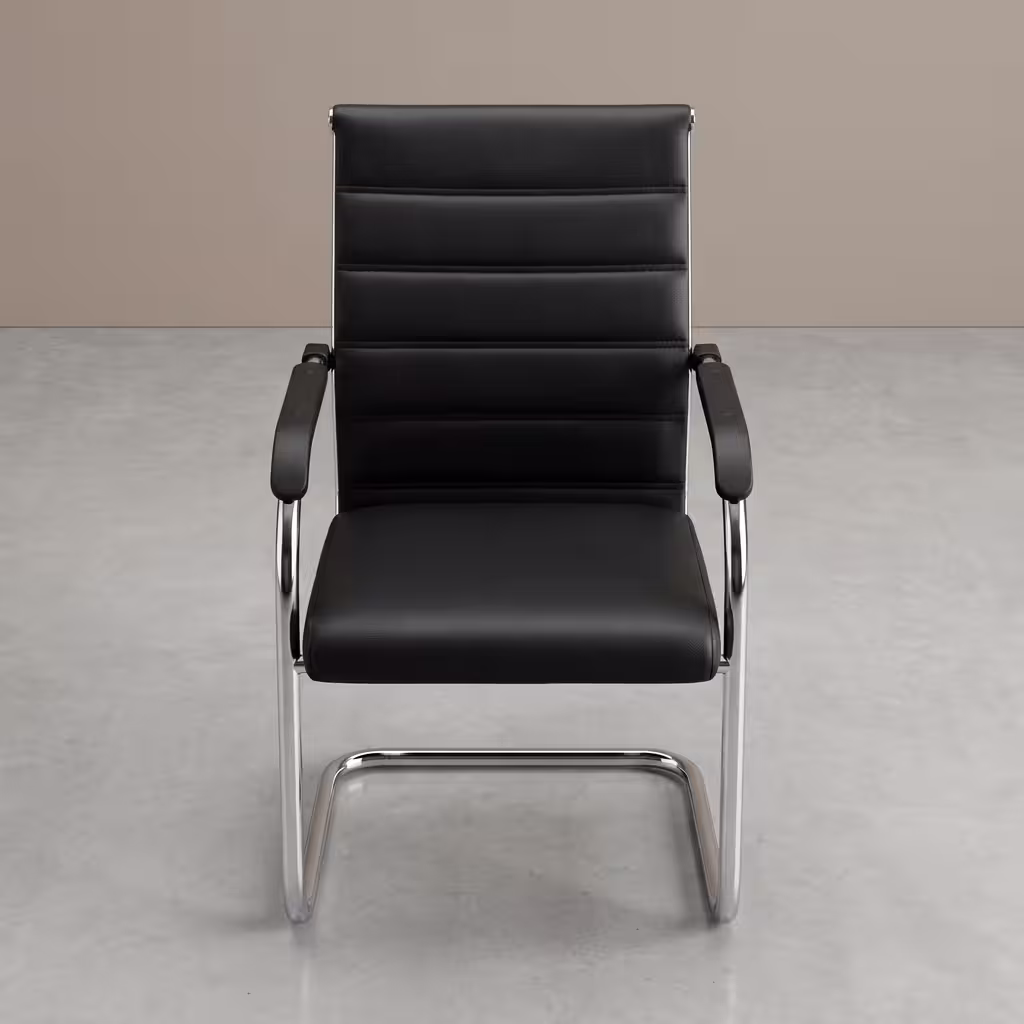 Premium Cantilever Executive Office Visitor Chair featuring a black leatherette backrest with distinct horizontal ribbed cushion panels, integrated polished chrome armrests with black top pads, and a highly reflective continuous chrome steel cantilever sled base frame, standing on a smooth polished light grey concrete studio floor against a textured light grey accent wall.