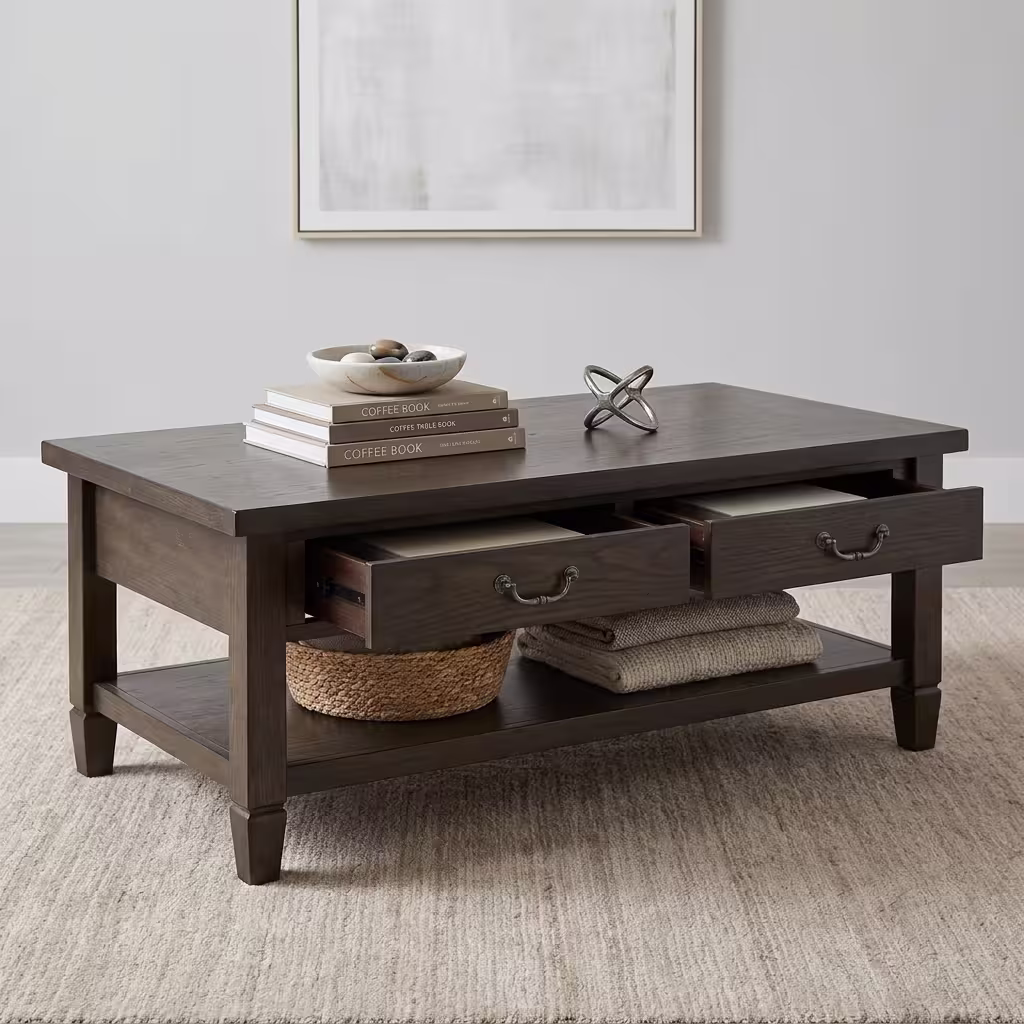 Premium Retro Wooden Coffee Table With Storage in a deep charcoal-brown woodgrain finish, showcasing a rectangular top panel holding stacked books and a ceramic mug on a marble tray, a front section with one closed drawer and one partially open drawer displaying dark metal antique handles, an open lower storage shelf, resting on a thick textured cream area rug in front of a beige fabric sofa.