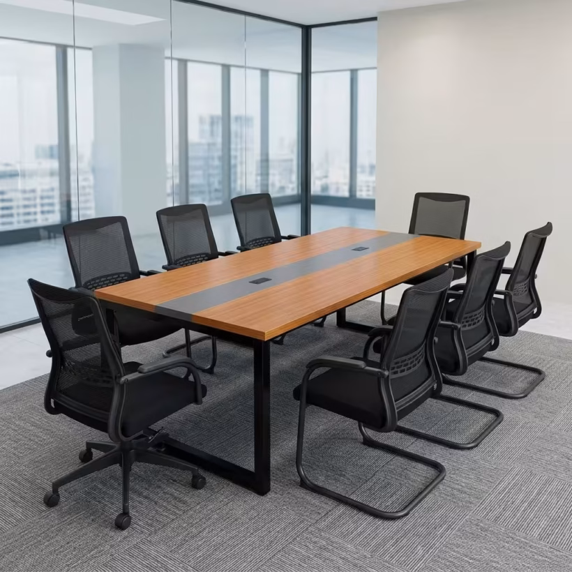 1800mm Executive Office Boardroom Table featuring a dual-tone wood and charcoal finish with integrated cable management, surrounded by mesh chairs.