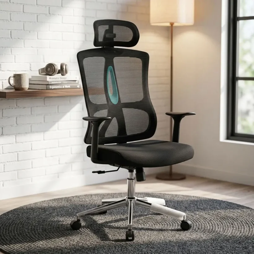 A premium high-back ergonomic office chair with a black mesh backrest, an adjustable black mesh headrest, and a vertical turquoise lumbar support insert. The chair features a padded black fabric seat cushion, adjustable T-shaped armrests, a pneumatic height lever under the seat, and a reflective five-star polished chrome base on black dual-wheel rolling casters.