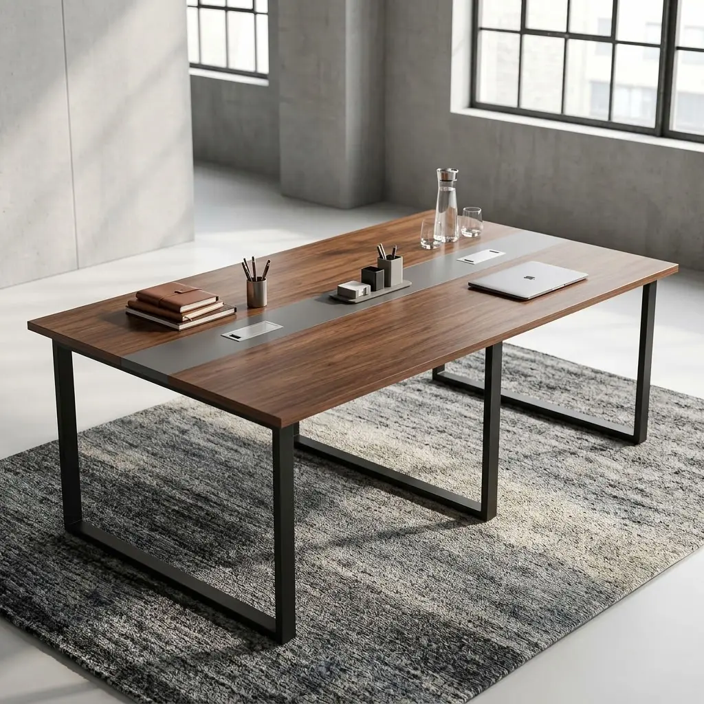 A rectangular 2.4-meter boardroom table featuring a walnut wood grain top divided lengthwise by a wide, flush-mounted dark grey central metallic strip. The grey accent strip includes two rectangular silver flip-top cable management boxes. The entire structure is supported by three heavy-duty matte black square steel loop legs distributed evenly underneath.