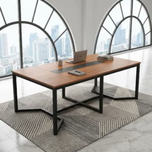 Premium 2.4M Modern Executive Office Table in a rich cherry wood finish featuring a matte black center stripe inlay and an architectural black steel cross-frame geometric leg base.