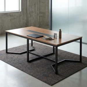 Premium 2.4M Modern Executive Office Table in a rich cherry wood finish featuring a matte black center stripe inlay and an architectural black steel cross-frame geometric leg base.
