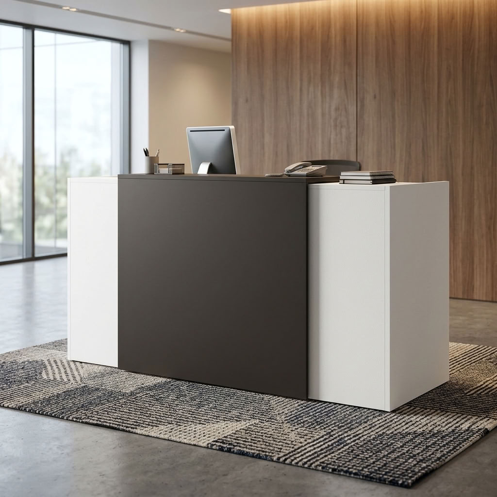 A 1.6-meter rectangular reception counter desk with a modern color-blocked design. The desk features a large, matte dark charcoal rectangular panel dominating the center front facade, which is flanked on both sides by solid white matte end sections. The white sections extend all the way to the floor and form the left and right outer sides of the desk structure, while the top of the counter remains clean and flat.