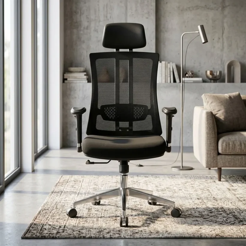 An ergonomic mesh chair featuring a high backrest with breathable black mesh, an adjustable black headrest, an adjustable lumbar support panel, a cushioned black seat, adjustable T-shaped armrests, and a polished metallic five-star chrome base with dual-wheel casters.