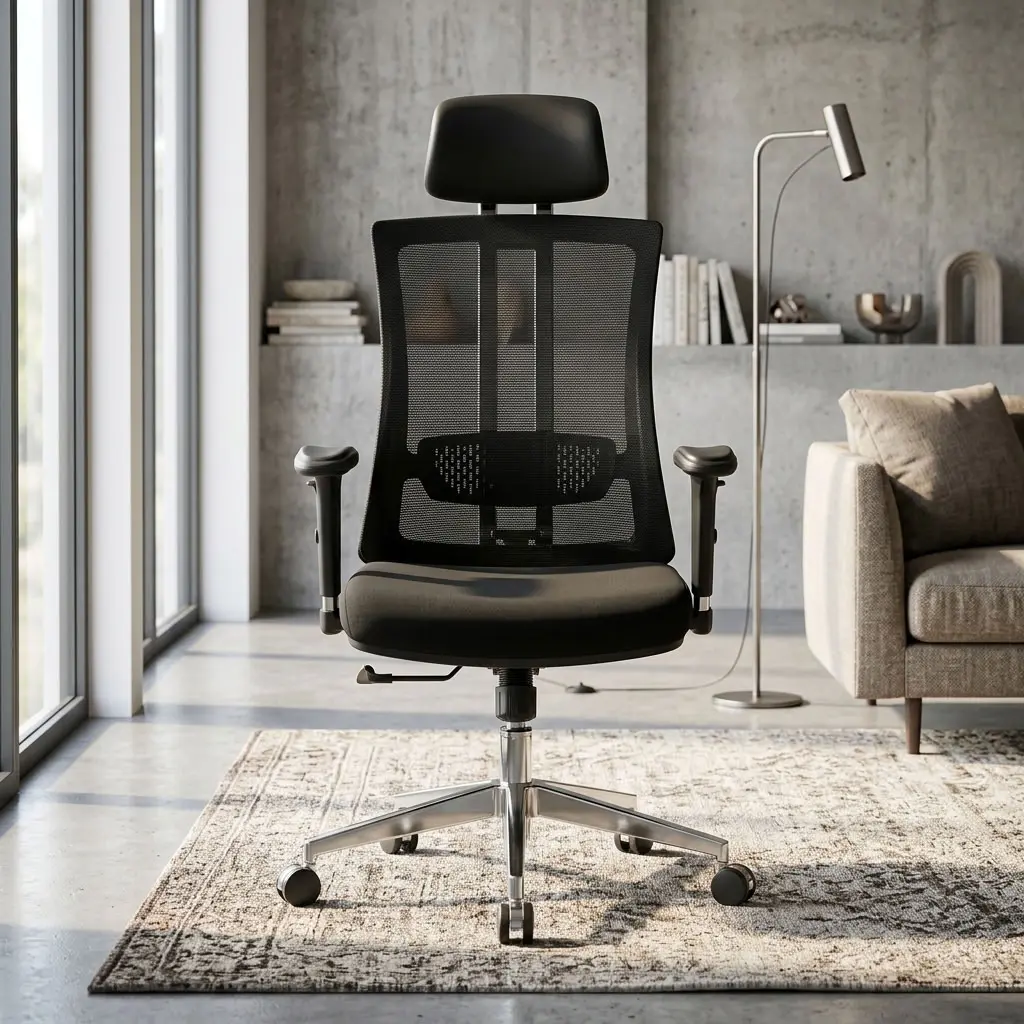An ergonomic mesh chair featuring a high backrest with breathable black mesh, an adjustable black headrest, an adjustable lumbar support panel, a cushioned black seat, adjustable T-shaped armrests, and a polished metallic five-star chrome base with dual-wheel casters.