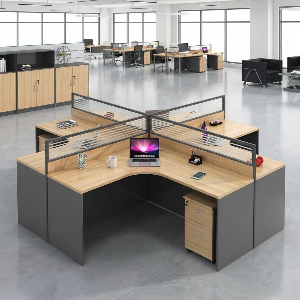 A 4-station curved modular office workstation arranged in a cross layout, showcasing four rounded L-shaped oak wood grain desktops with charcoal grey panel supports and matching frosted glass privacy dividers.