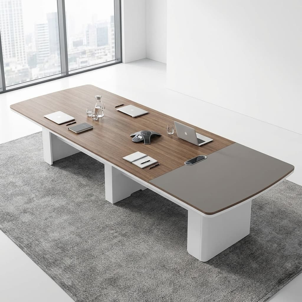 A rectangular 3-meter executive conference table featuring a rich brown wood grain tabletop with a central grey multimedia insert strip and two silver wire flip boxes, all supported by a thick matte grey dual-panel block base.