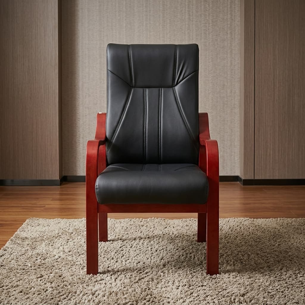 Executive Wooden Armchair featuring a stationary four-leg wood frame, rich reddish-brown wood-grain finish, curved fixed armrests, smooth black upholstery, and a padded backrest with horizontal stitched lines.