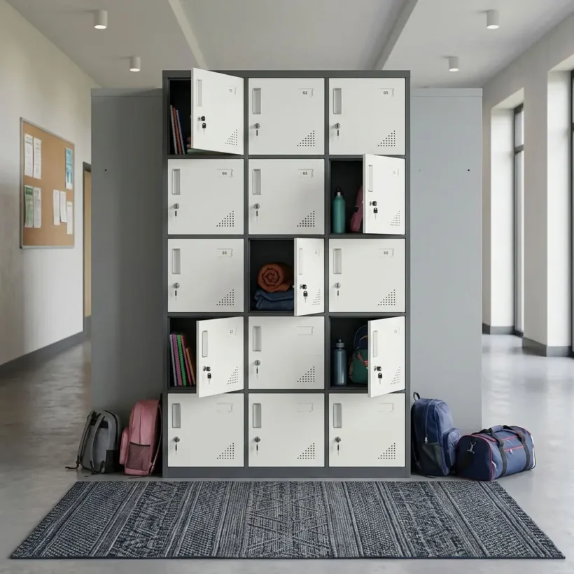A freestanding commercial 15-Door Staff Locker unit arranged in a five-tier by three-column grid, featuring fifteen individual light grey compartments set within a dark grey outer frame, with recessed vertical silver handles, individual key locks, triangular ventilation hole patterns on the lower corners of the doors, and select doors shown open to reveal internal storage compartments.