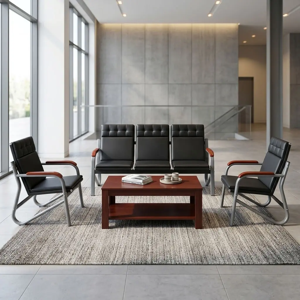 A premium Executive Waiting Chairs set consisting of a black leather three-seater sofa and two matching single armchairs, all featuring tufted cushions, tubular silver metal frames, and curved wooden armrest accents, arranged around a central rectangular wooden coffee table.