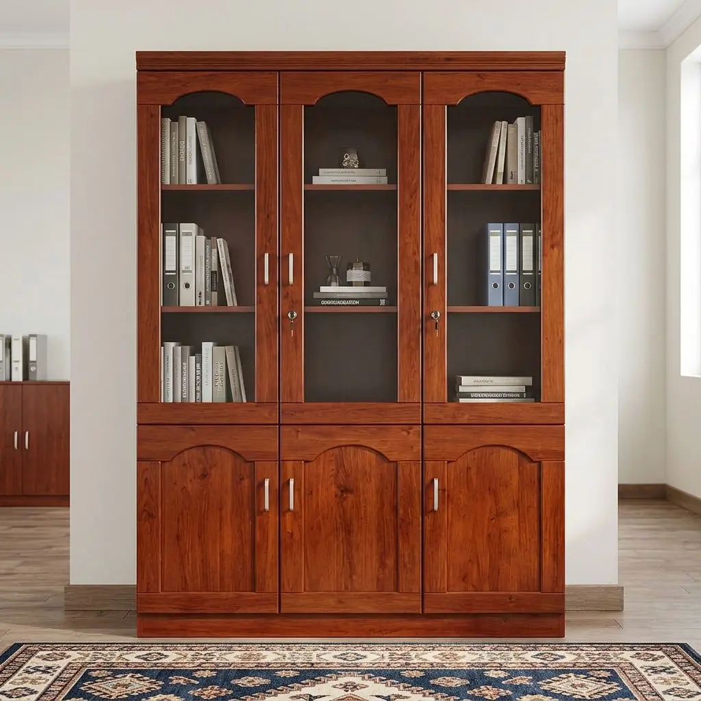 A premium Executive Display Filling Cabinet constructed from polished reddish-brown wood, featuring three upper glass-front display doors with thin metallic handles and lock keys containing organized books and binders, positioned above three matching lower solid wooden storage doors.